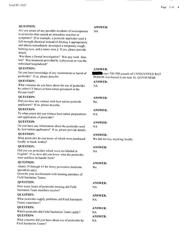   Lead Sheet #15527, Interview with 14th Medical Detachment preventive medicine specialist, March 19, 1998.