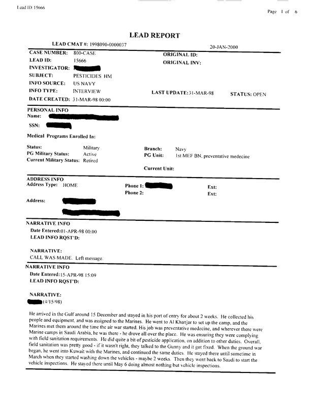   Lead Sheet #15666, Interview with 1st Medical Battalion preventive medicine technician, March 31, 1998.