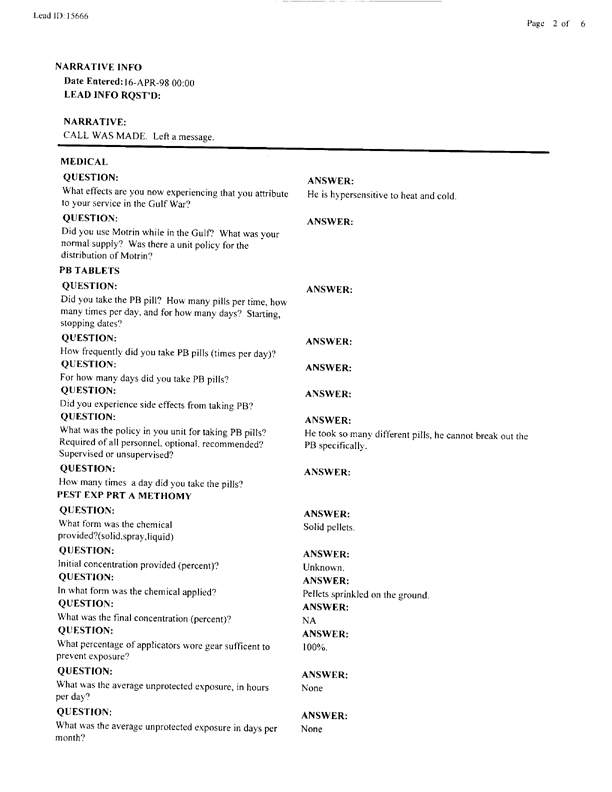   Lead Sheet #15666, Interview with 1st Medical Battalion preventive medicine technician, April 15, 1998.