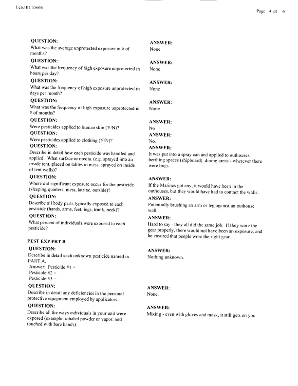   Lead Sheet #15666, Interview with 1st Medical Battalion preventive medicine technician, April 15, 1998.
