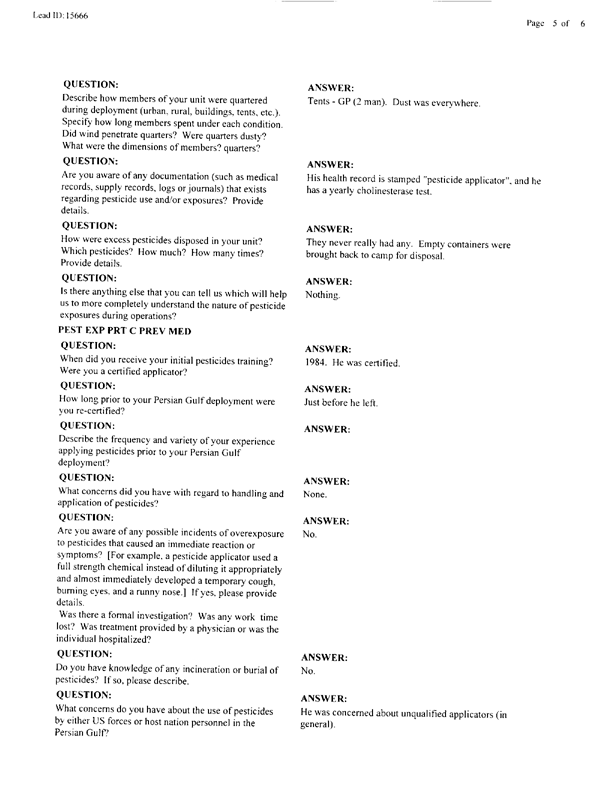   Lead Sheet #15666, Interview with 1st Medical Battalion preventive medicine technician, April 15, 1998.
