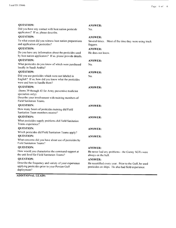   Lead Sheet #15666, Interview with 1st Medical Battalion preventive medicine technician, April 15, 1998.