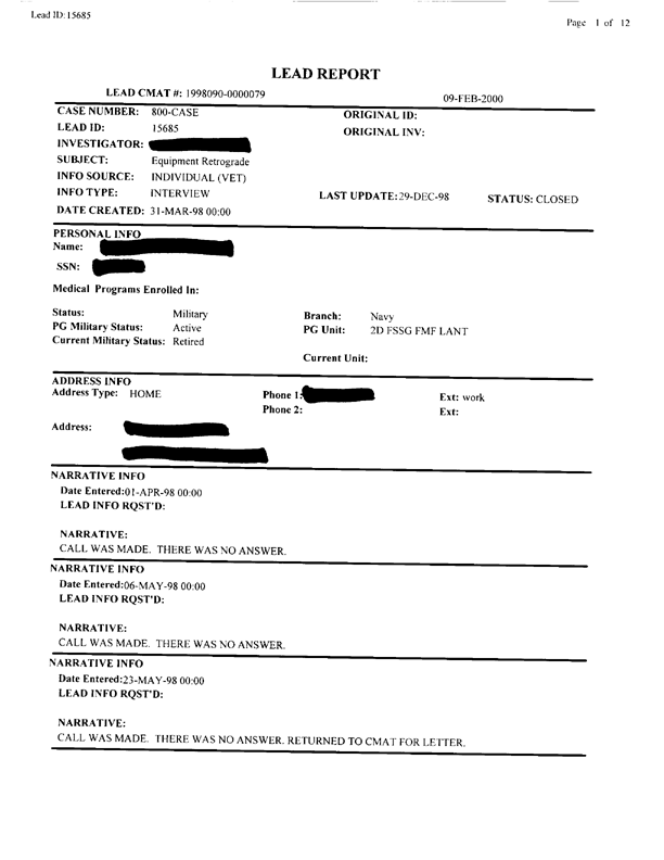   Lead Sheet #15685, Interview with 2nd Medical Battalion preventive medicine technician, June 15, 1998