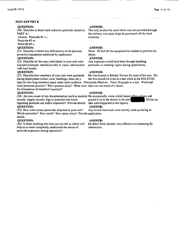 Lead Sheet #15713, Interview with 173rd Medical Group preventive medicine specialist, April 15, 1998;