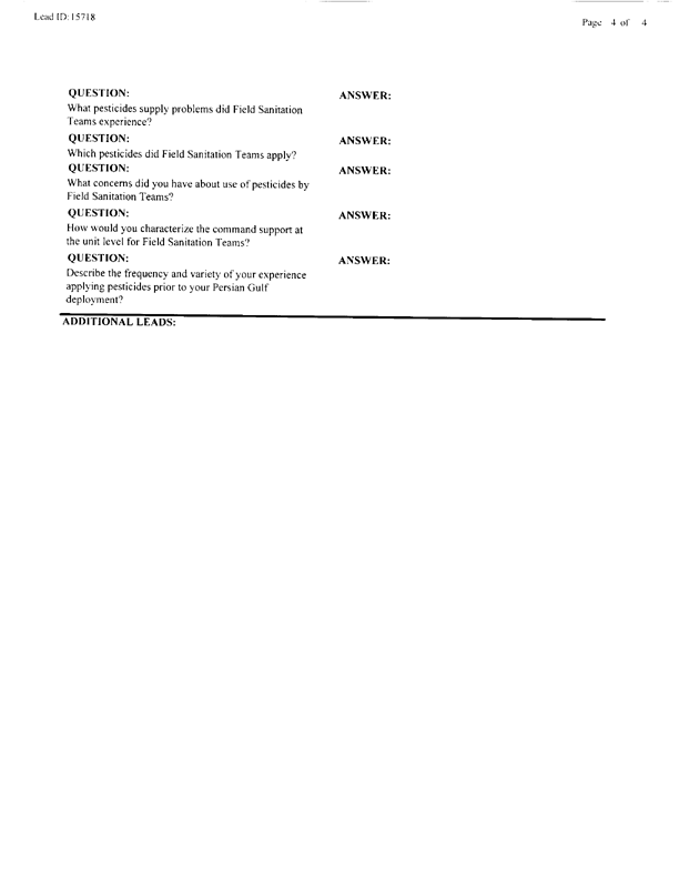   Lead Sheet #15718, Interview with 10th Marine preventive medicine technician, April 15, 1998.