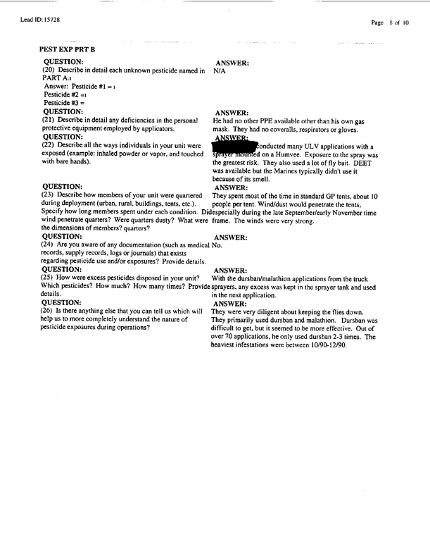   Lead Sheet #15728, Interview with 1st Medical Battalion preventive medicine specialist, April 16, 1998.