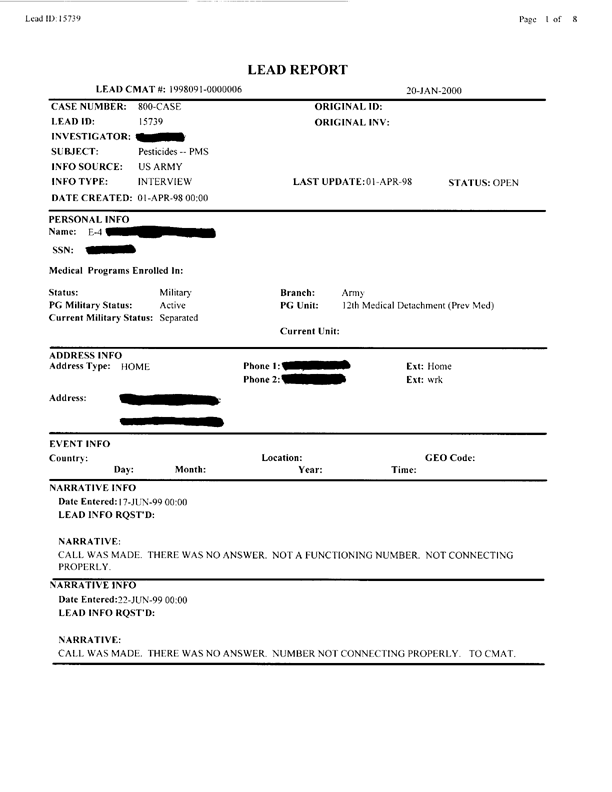   Lead Sheet #15739, Interview with 12th Medical Detachment preventive medicine specialist, August 5, 1998.