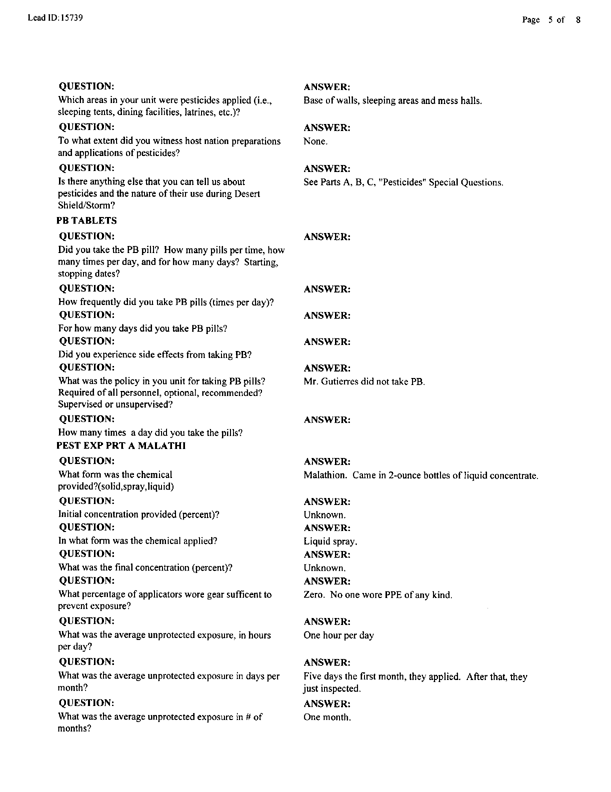   Lead Sheet #15739, Interview with 12th Medical Detachment preventive medicine specialist, August 5, 1998.