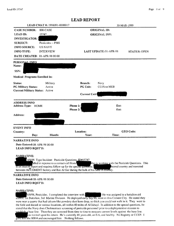 Lead Sheet #15747, Interview with 1st Marine Expeditionary Brigade preventive medicine technician, April 8, 1998;
