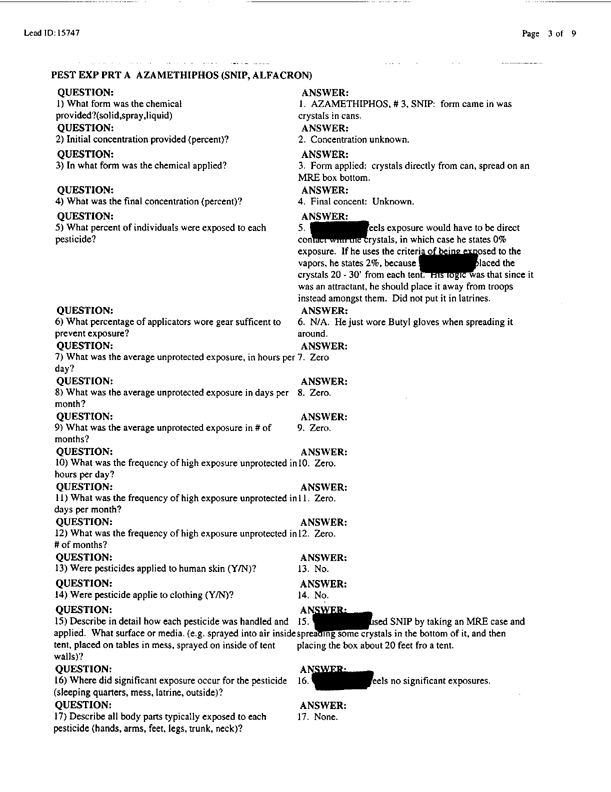 Lead Sheet #15747, Interview with 1st Marine Expeditionary Brigade preventive medicine technician, April 8, 1998;