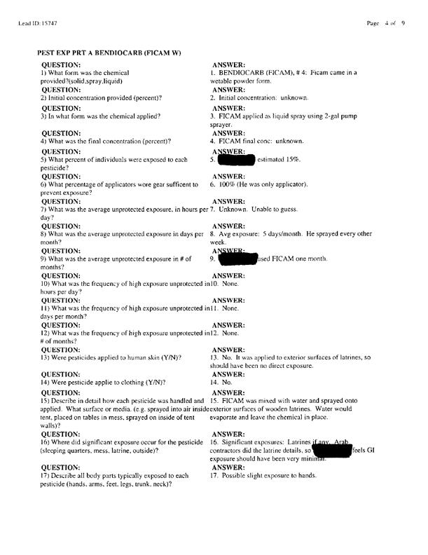 Lead Sheet #15747, Interview with 1st Marine Expeditionary Brigade preventive medicine technician, April 8, 1998;