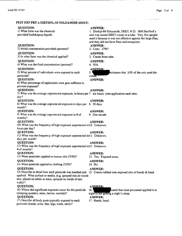 Lead Sheet #15747, Interview with 1st Marine Expeditionary Brigade preventive medicine technician, April 8, 1998;