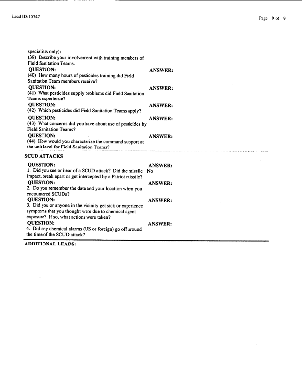   Lead Sheet #15747, Interview with 1st Marine Expeditionary Brigade preventive medicine technician, April 8, 1998.
