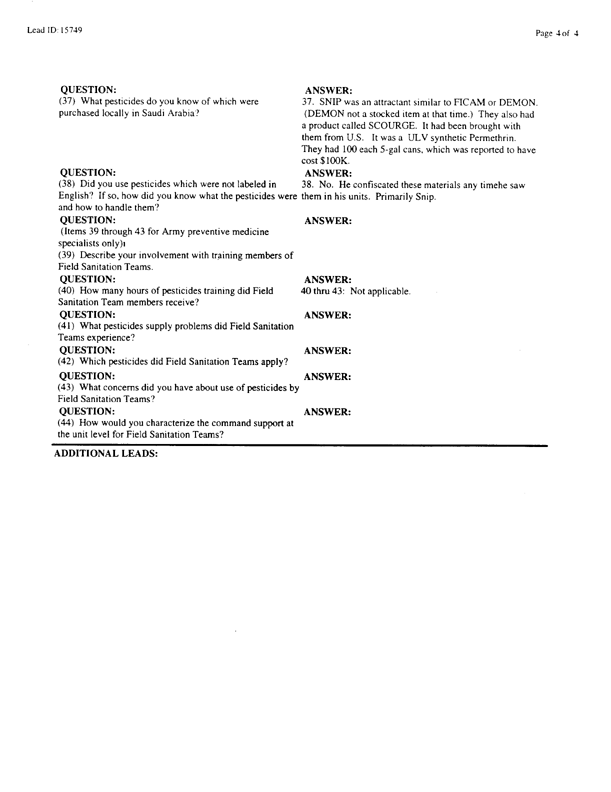   Lead Sheet #15749, Interview with 2nd Medical Battalion preventive medicine technician, April 7, 1998.