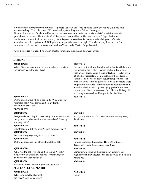   Lead Sheet #15758, Interview with 1st Marine Expeditionary Force preventive medicine technician, April 6, 1998.