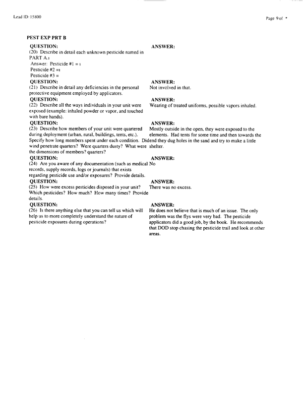   Lead Sheet #15800, Interview with 1st Marine Expeditionary Brigade preventive medicine technician, April 17, 1998.