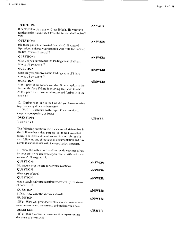   Lead Sheet #15805, Interview with 401st Military Police Camp preventive medicine specialist, April 20, 1998.
