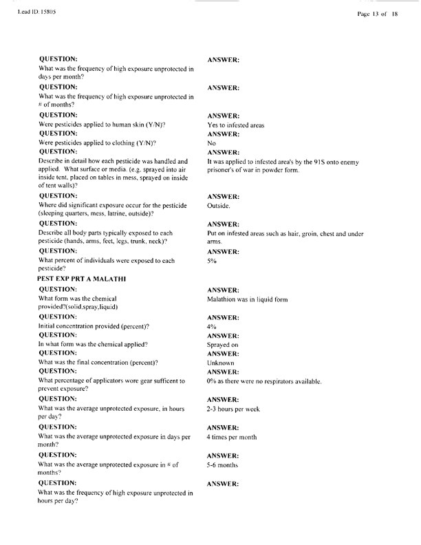   Lead Sheet #15805, Interview with 401st Military Police Camp preventive medicine specialist, April 20, 1998.