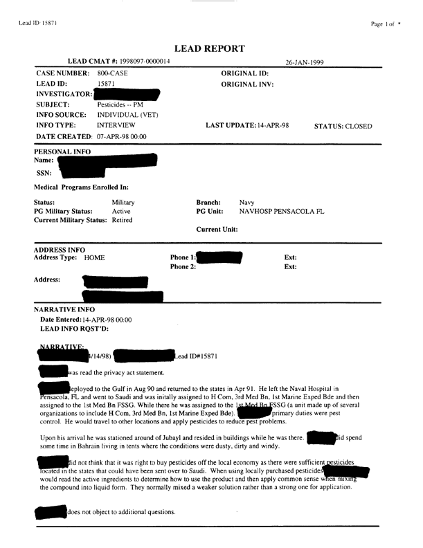   Lead Sheet #15871, Interview with 1st Medical Battalion preventive medicine technician, April 14, 1998.