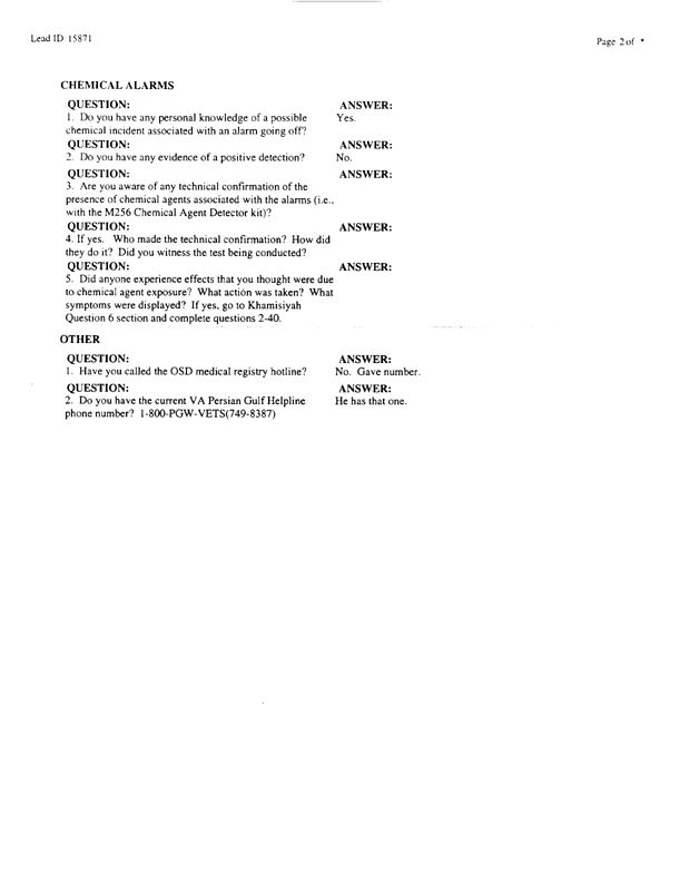   Lead Sheet #15871, Interview with 1st Medical Battalion preventive medicine technician, April 14, 1998.