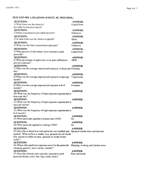   Lead Sheet #15871, Interview with 1st Medical Battalion preventive medicine technician, April 14, 1998.