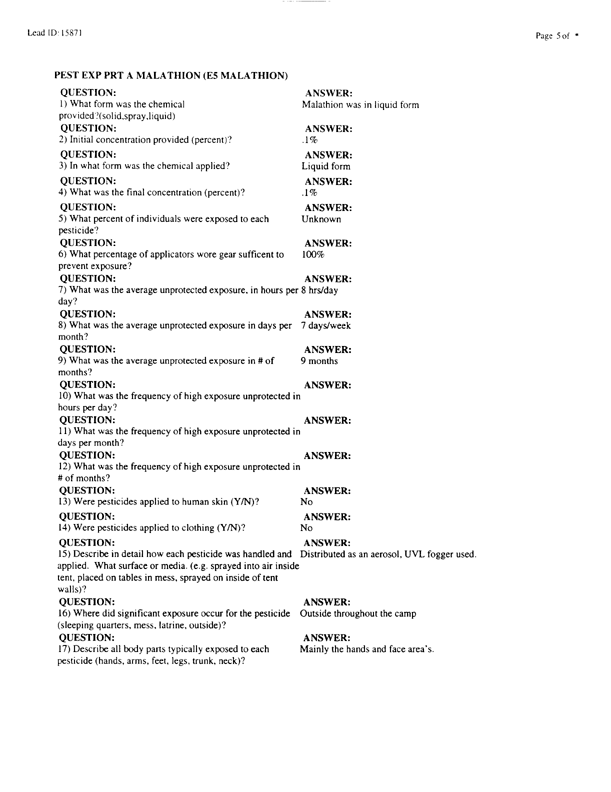   Lead Sheet #15871, Interview with 1st Medical Battalion preventive medicine technician, April 14, 1998.