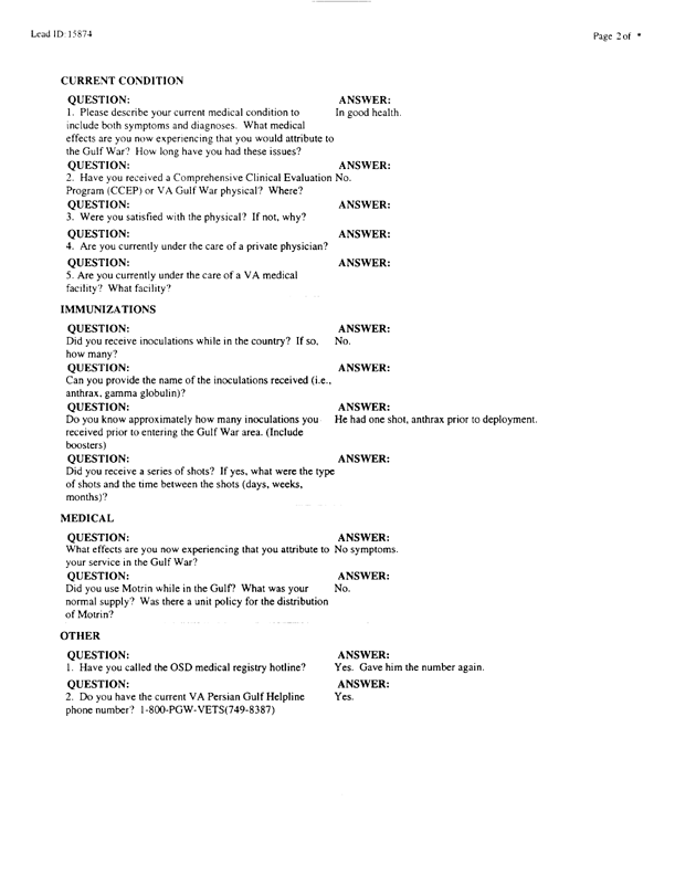   Lead Sheet #15874, Interview with 1st Marine Division preventive medicine technician, April 10, 1998.