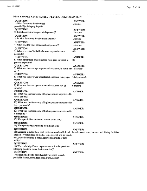 Lead Sheet #15883, Interview with 12th Medical Detachment preventive medicine specialist, April 7, 1998.