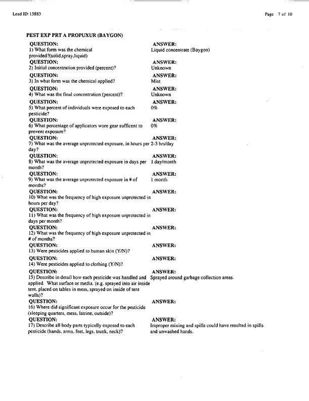 Lead Sheet #15883, Interview with 12th Medical Detachment preventive medicine specialist, April 7, 1998.