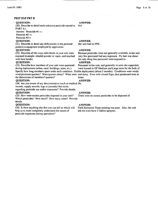 Lead Sheet #15883, Interview with 12th Medical Detachment preventive medicine specialist, April 7, 1998.