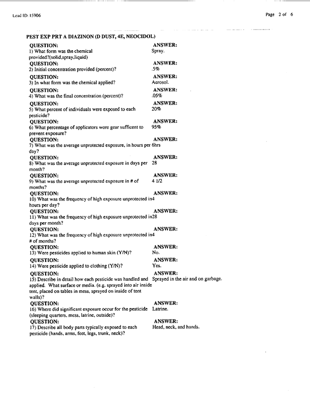 Lead Sheet #15906, Interview with 439th Military Police EPW Camp Advisory Detachment preventive medicine NCO, April 13, 1998;