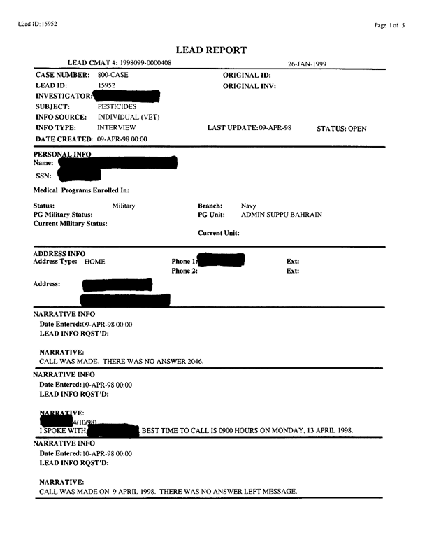 Lead Sheet #15952, Interview with Navy preventive medicine technician, February 23, 1999.