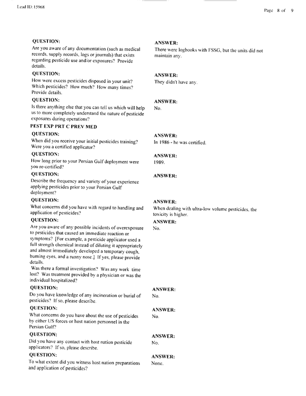   Lead Sheet #15968, Interview with 1st Marine Division preventive medicine technician, April 10, 1998.