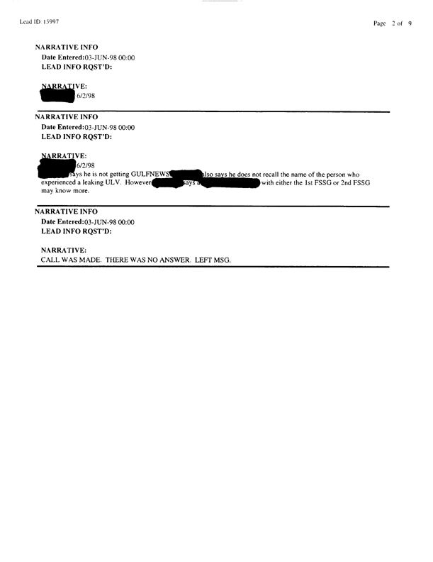   Lead Sheet #15997, Interview with 2nd Medical Battalion preventive medicine technician, April 15, 1998.