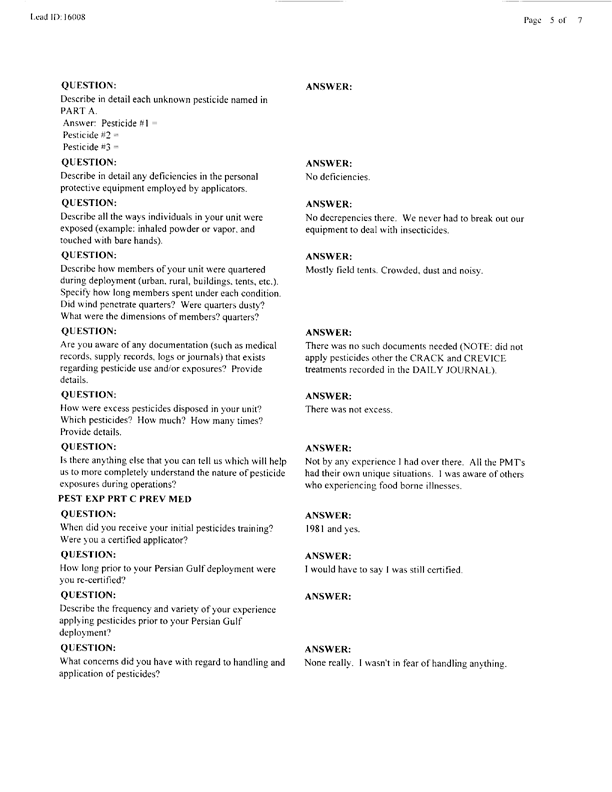  Lead Sheet #16008, Interview with Fleet Hospital 6 preventive medicine technician, September 15, 1998.