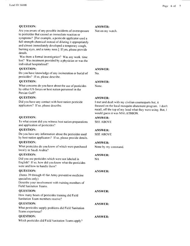   Lead Sheet #16008, Interview with Fleet Hospital 6 preventive medicine technician, September 15, 1998.