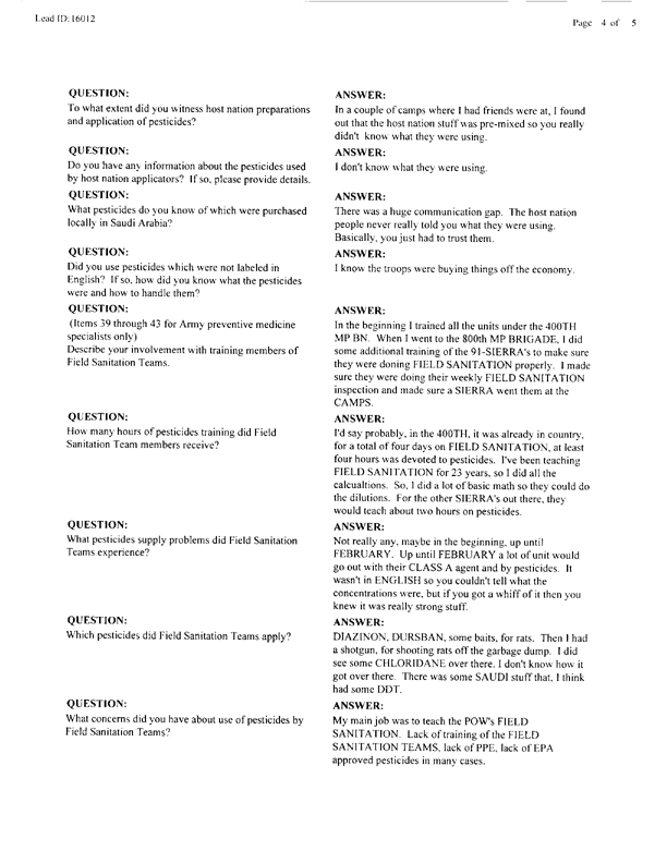    Lead Sheet #16012, Interview with 400th MP Battalion preventive medicine specialist, April 10, 1998.