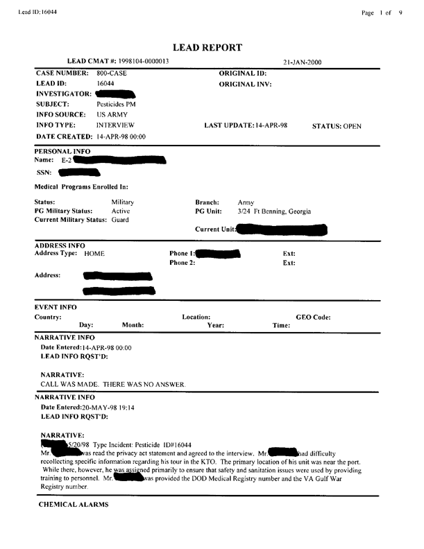 Lead Sheet #16044, Interview with 24 ID 724th CS Battalion preventive medicine specialist, April 14, 1998.