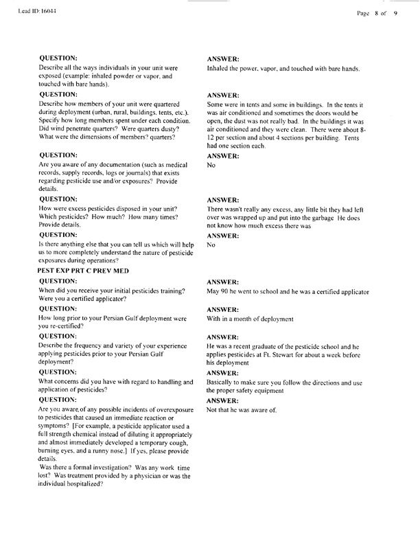 Lead Sheet #16044, Interview with 24 ID 724th CS Battalion preventive medicine specialist, April 14, 1998.