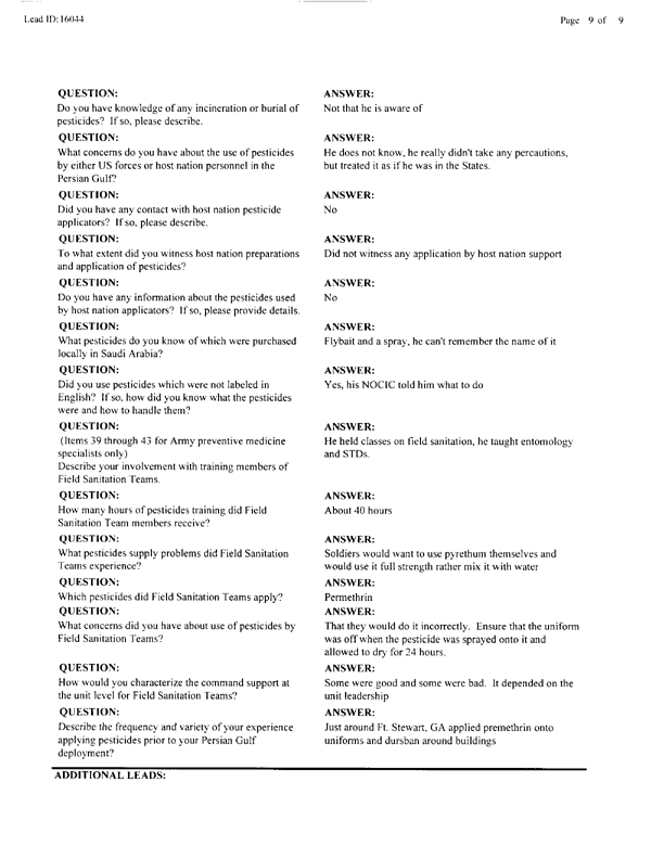 Lead Sheet #16044, Interview with 24 ID 724th CS Battalion preventive medicine specialist, April 14, 1998.