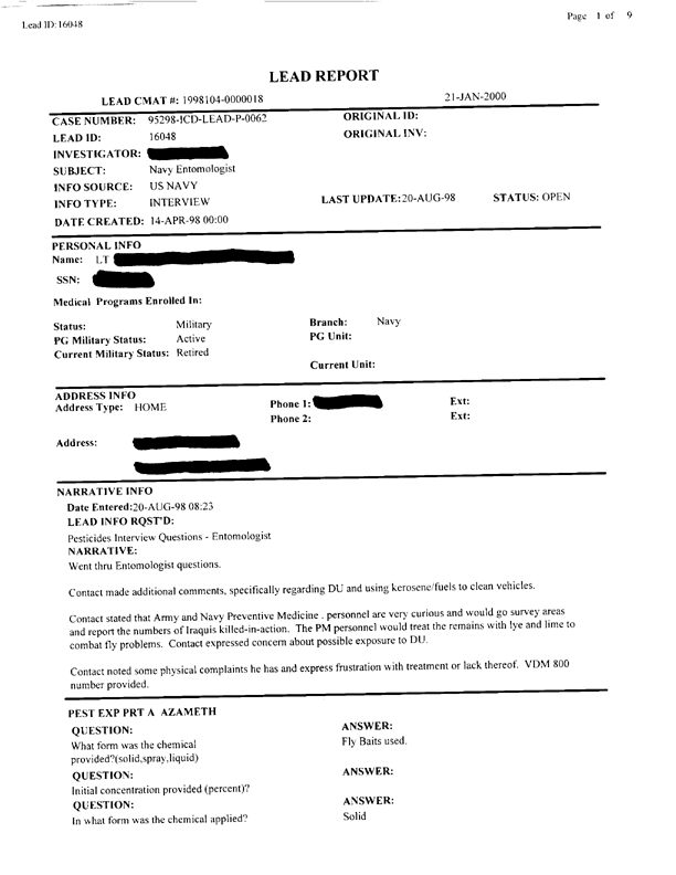   Lead Sheet #16048, Interview with 2nd Medical Battalion Navy entomologist, August 20, 1998.