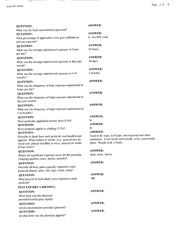   Lead Sheet #16048, Interview with 2nd Medical Battalion Navy entomologist, August 20, 1998.