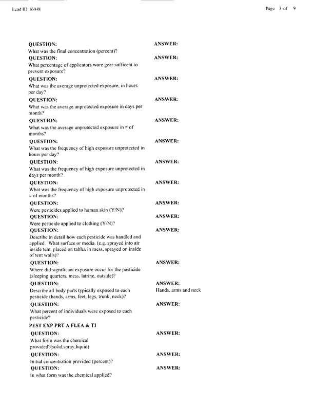   Lead Sheet #16048, Interview with 2nd Medical Battalion Navy entomologist, August 20, 1998.