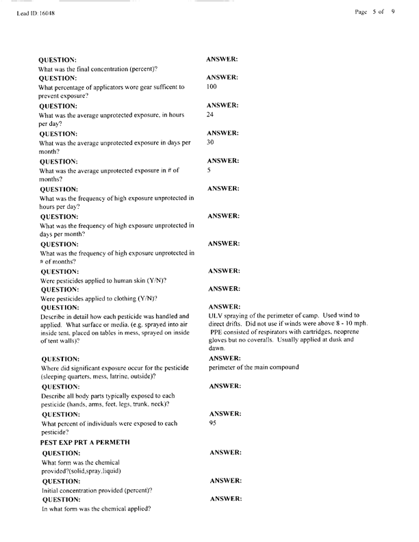   Lead Sheet #16048, Interview with 2nd Medical Battalion Navy entomologist, August 20, 1998.
