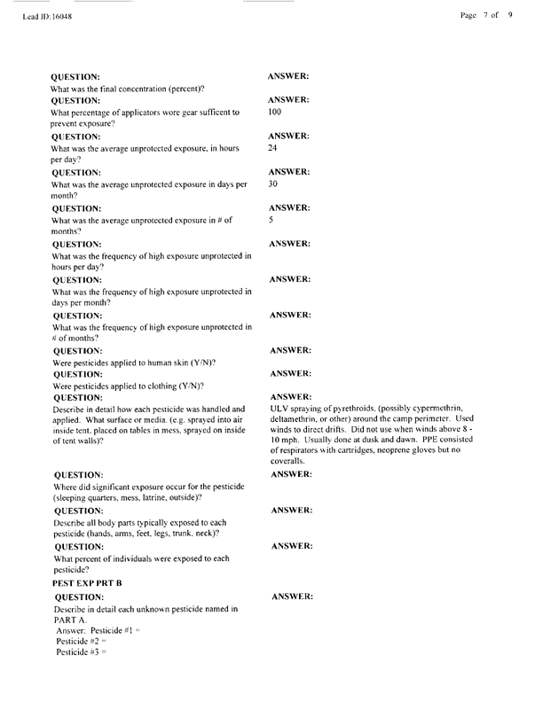   Lead Sheet #16048, Interview with 2nd Medical Battalion Navy entomologist, August 20, 1998.