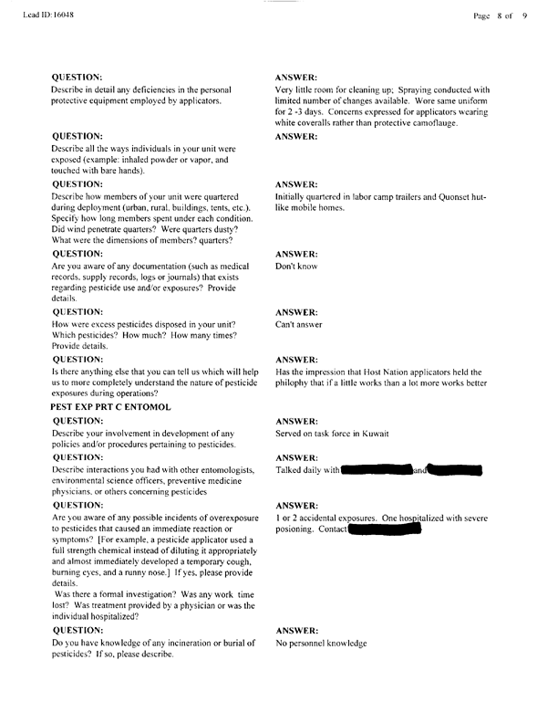   Lead Sheet #16048, Interview with 2nd Medical Battalion Navy entomologist, August 20, 1998.