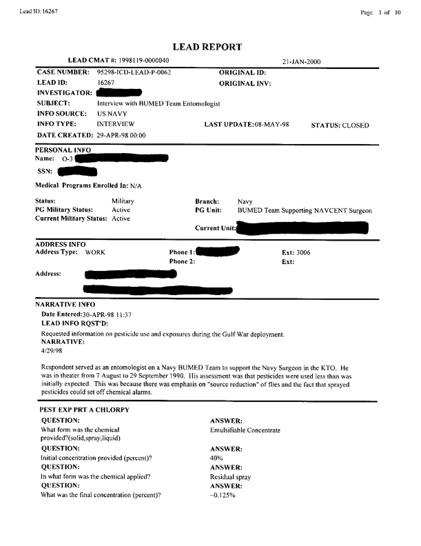 Lead Sheet #16267, Interview with a Navy Bureau of Medicine team entomologist, April 29, 1998.