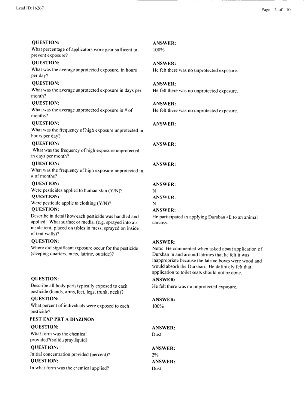 Lead Sheet #16267, Interview with a Navy Bureau of Medicine team entomologist, April 29, 1998.