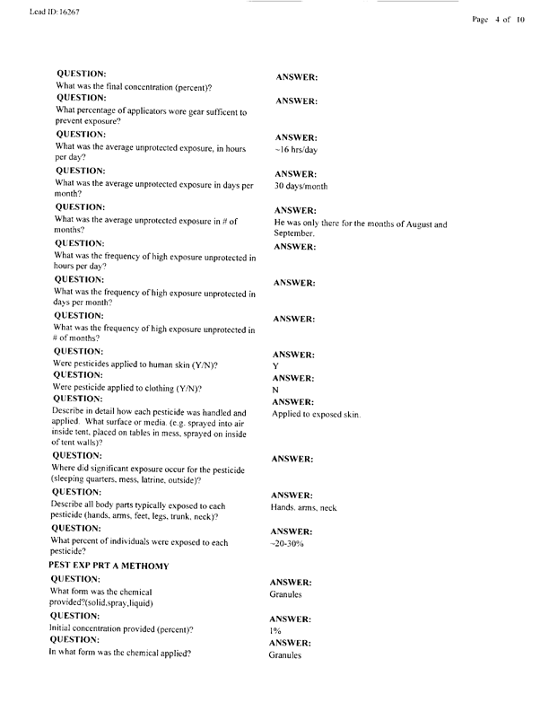 Lead Sheet #16267, Interview with a Navy Bureau of Medicine team entomologist, April 29, 1998.
