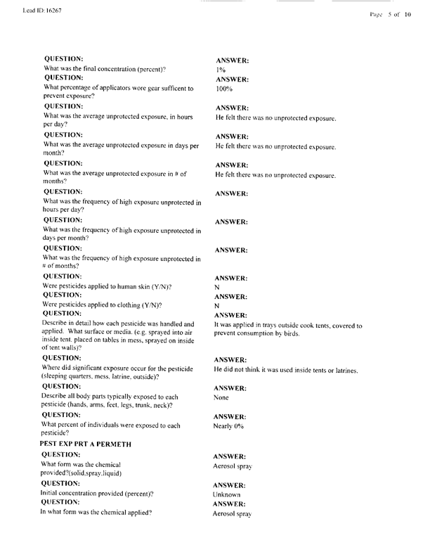 Lead Sheet #16267, Interview with a Navy Bureau of Medicine team entomologist, April 29, 1998.